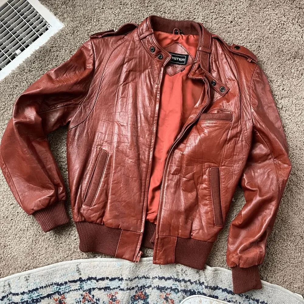 VTG 80s Cognac Brown Leather Bomber Jacket Moto Strap Korea Sz 40